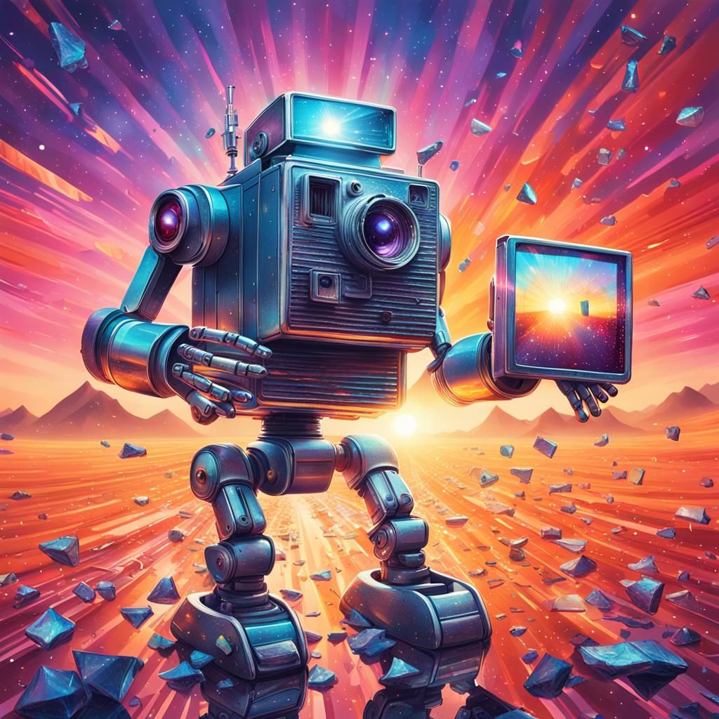 Robot with Camera in Cosmic Sunrise, Digital Art
