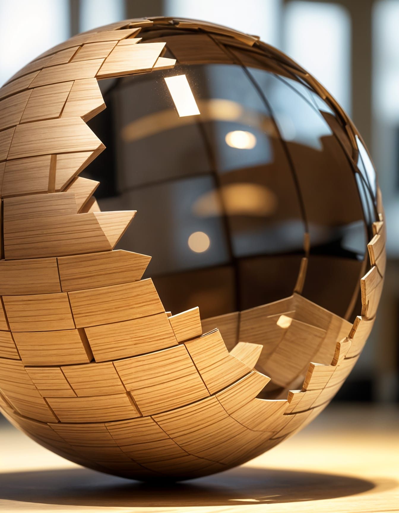 Deconstructed Origami Wooden Sphere in Studio Lighting