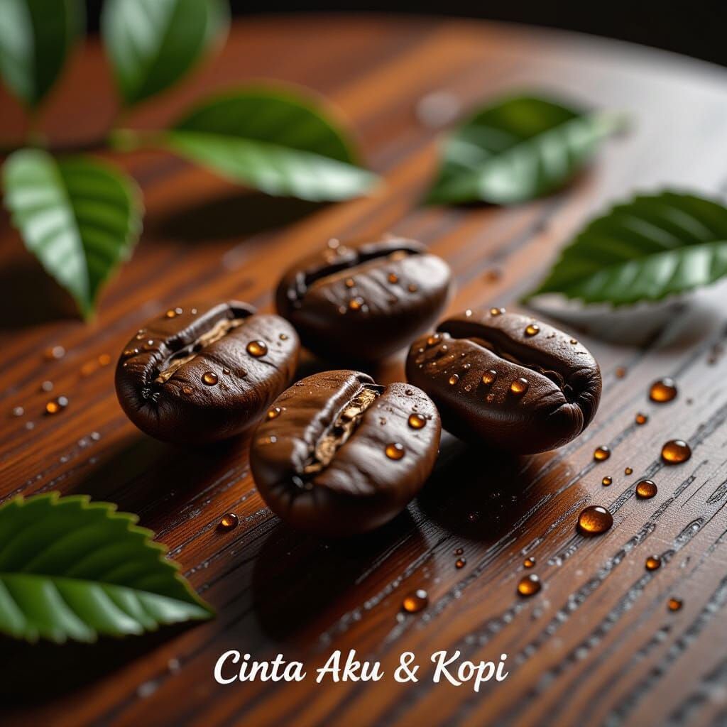 Hyperrealistic Coffee Beans with Glistening Water Droplets