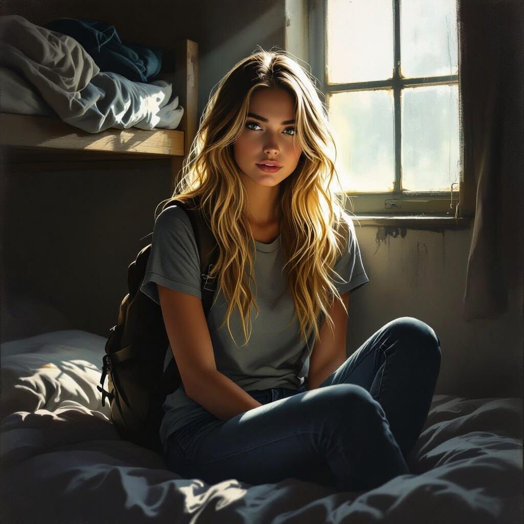 Young Woman with Blonde Hair in Sunlit Hostel Room