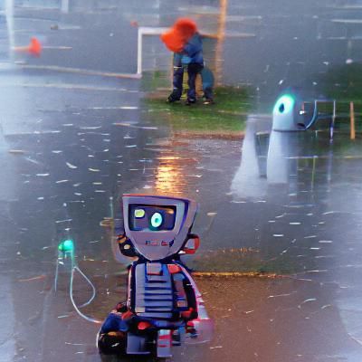 Boy and Robot in Rainy Scene