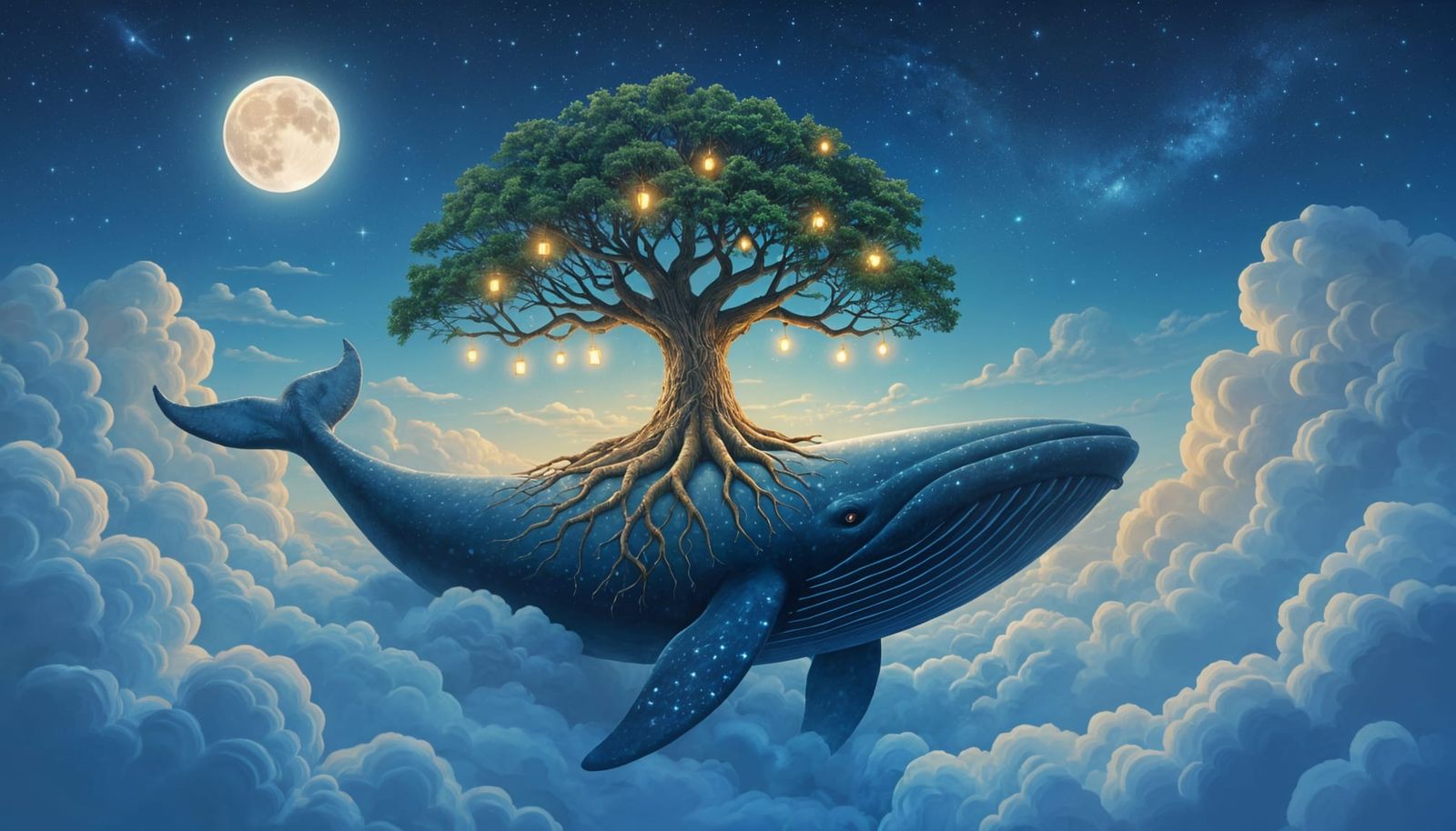 Fantasy Tree on Whale in Clouds Painting
