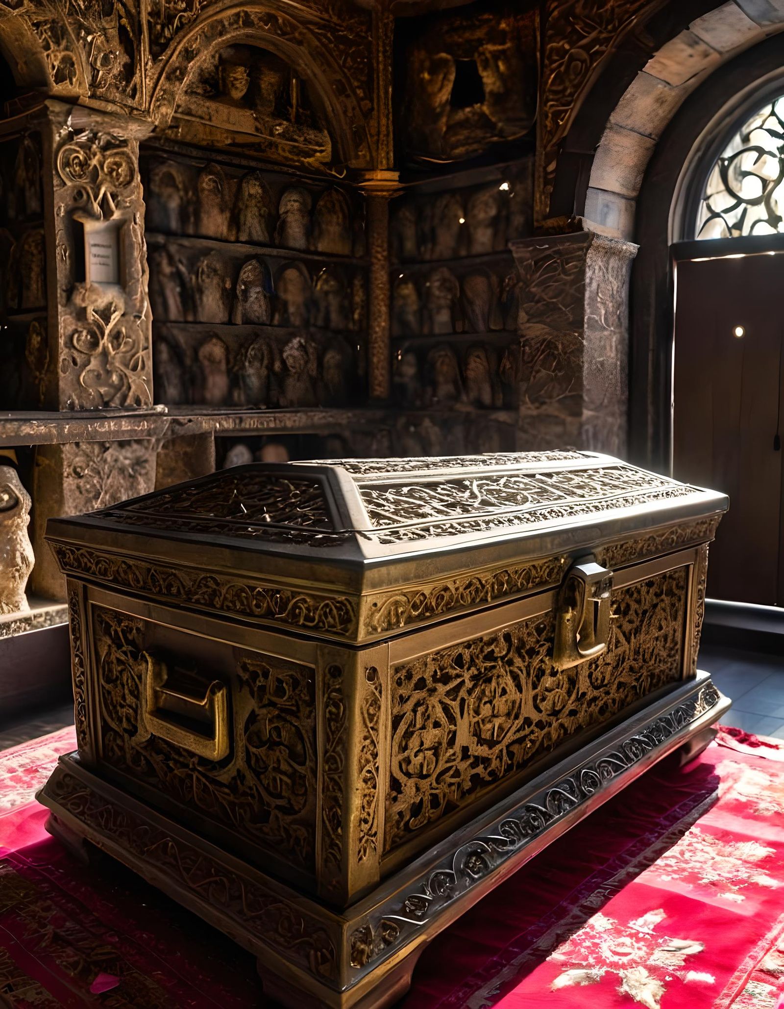 Intricate Medieval Mausoleum Interior with Skeletons and Can...