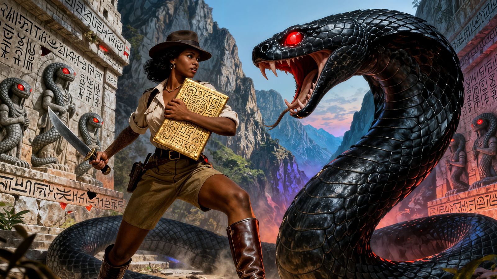 Adventurer Fights Serpent in Ancient Temple, Fantasy Art