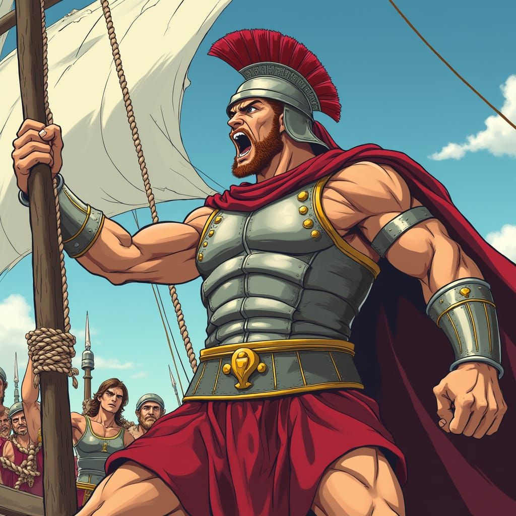 Hoplite Warrior Anchored at Mast in Vibrant Anime Style