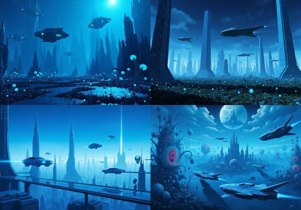 Surreal Blue Sci-Fi Cityscape with Floating Vehicles