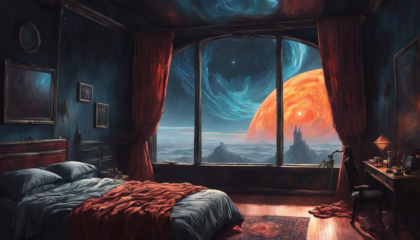 Surreal Bedroom Panorama of a Swirling Black Hole