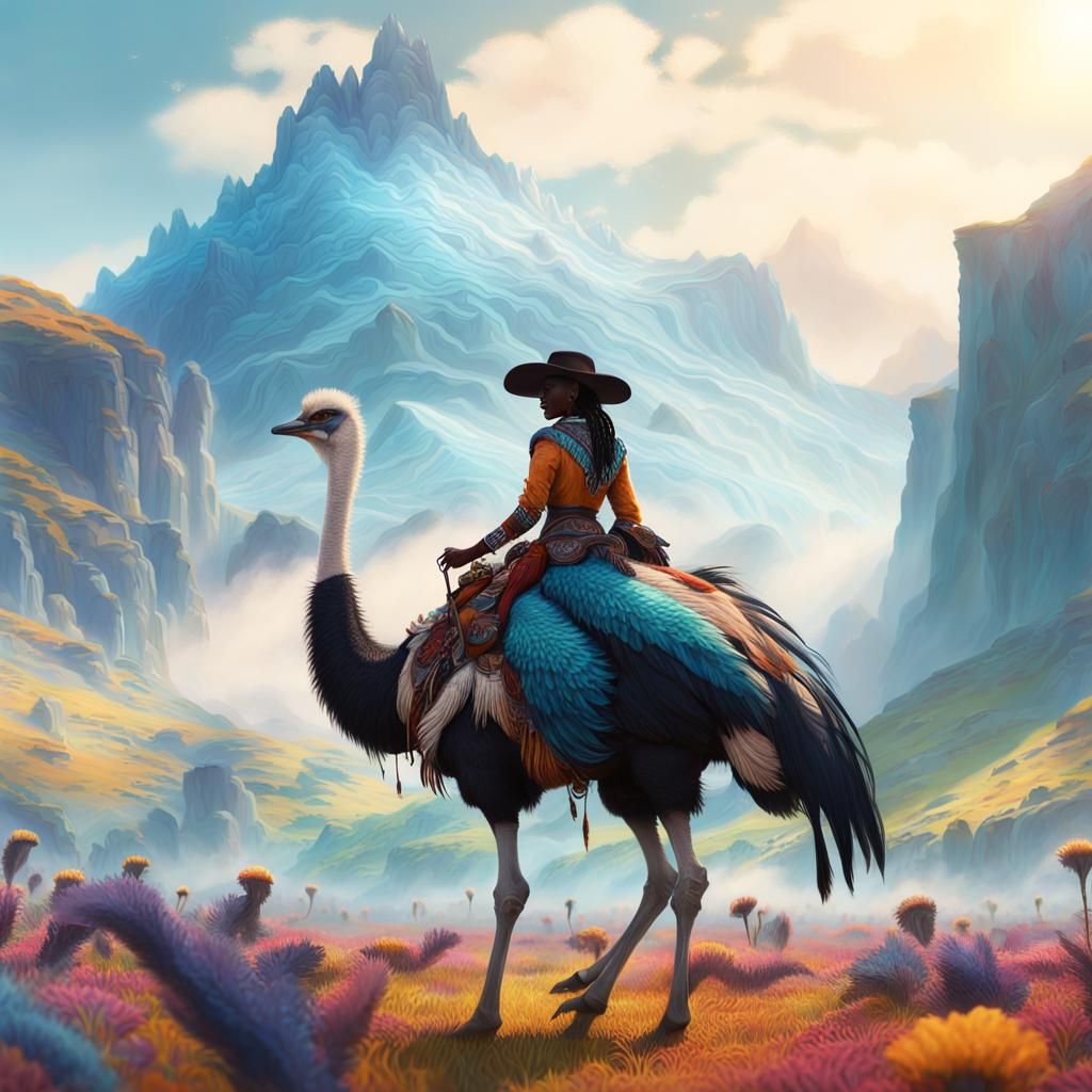 Black Cowgirl Rides Ostrich in Surreal Meadow