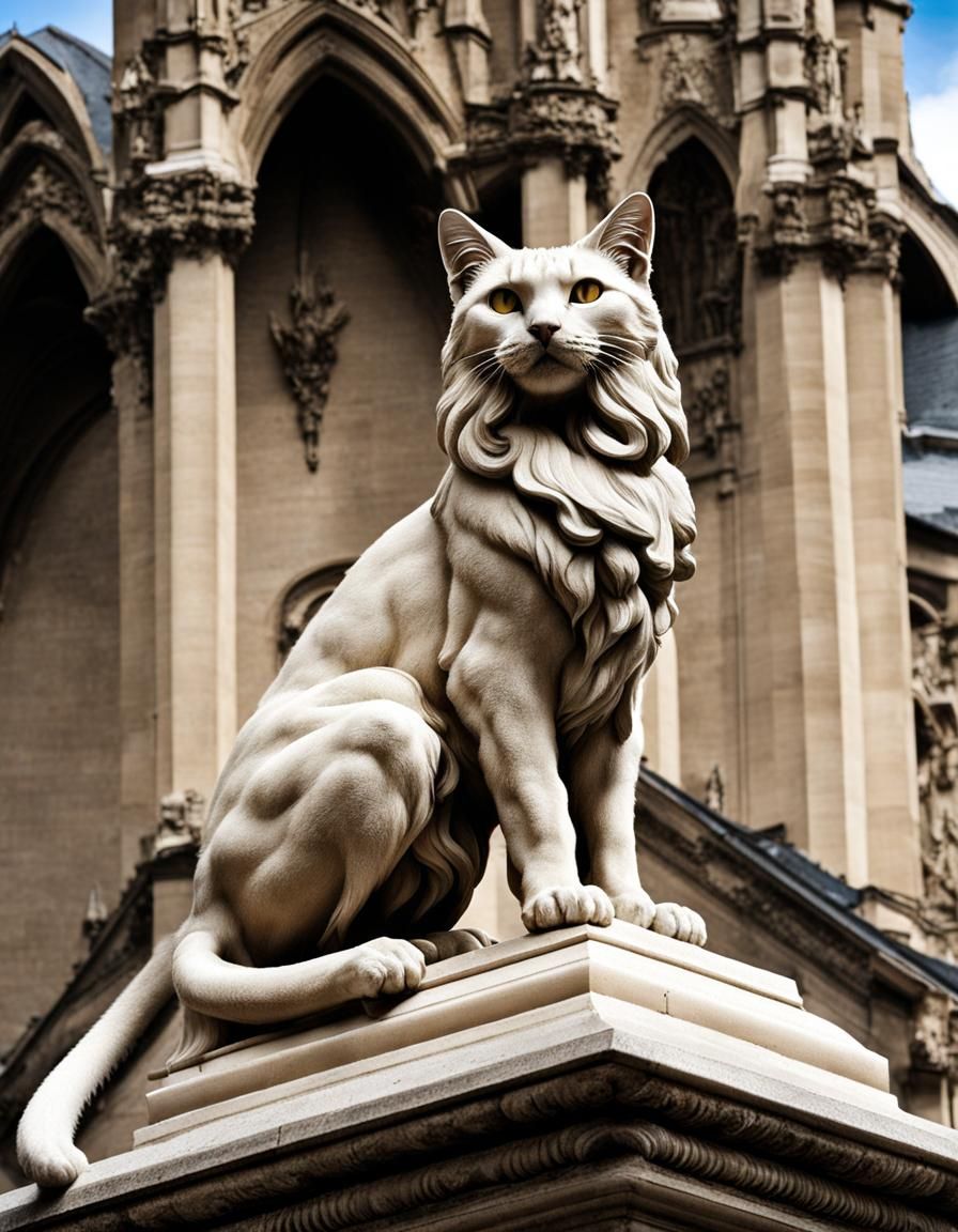 Gothic Cat on Building with Statue