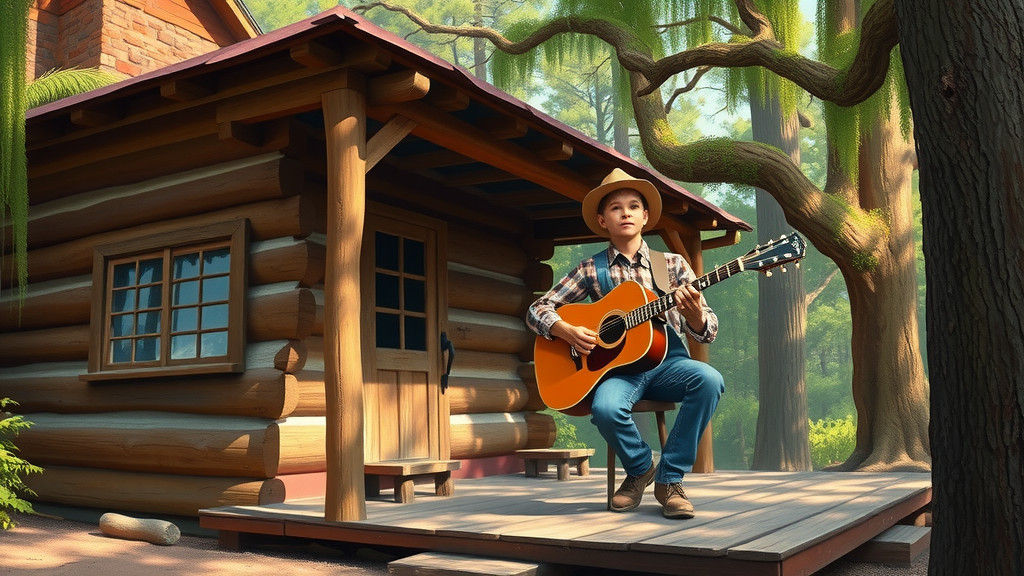 Rustic Cabin Scene with Guitar Player, Americana Art