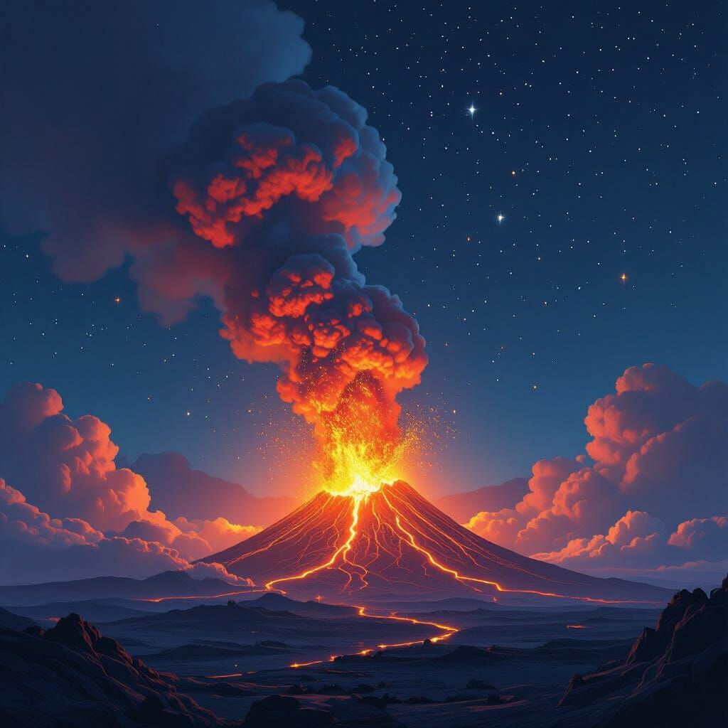Volcanic Eruption Under Starry Night Sky