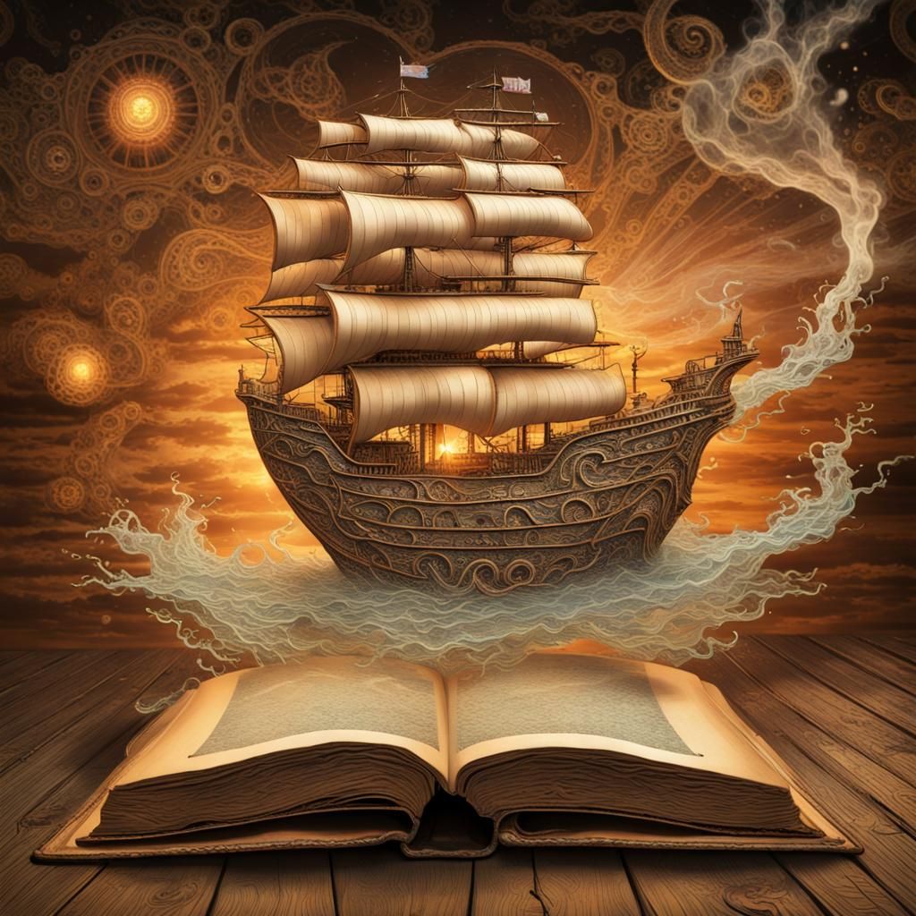 Steampunk Ship Sails from Book in Surreal Style