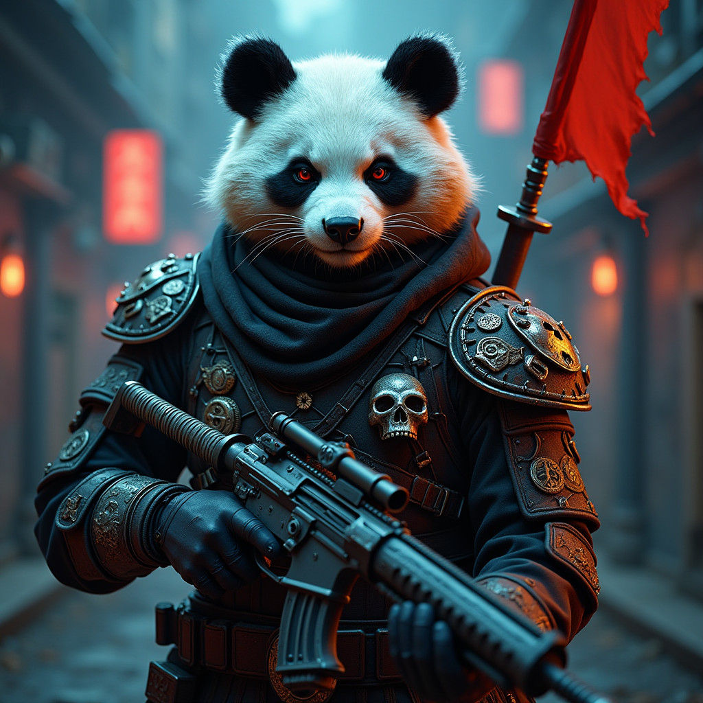 Ninja Panda Warrior with Swords and Flag Gun