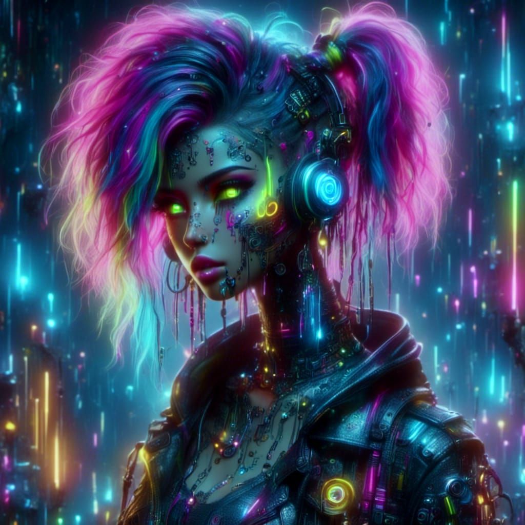 Cyberpunk Pixie in Glowing Cityscape