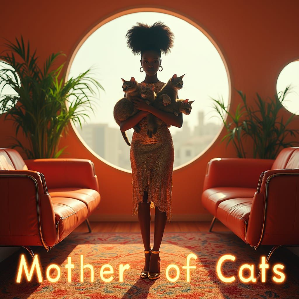 Afrofuturist Mother of Cats in Chrome Living Room