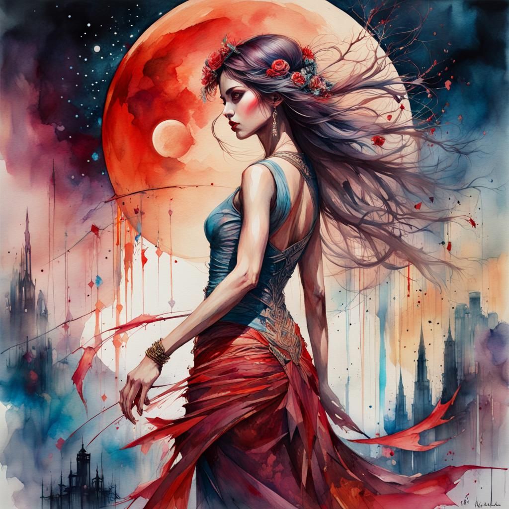 Bloodmoon Dancer in Stylized Watercolor Illustration