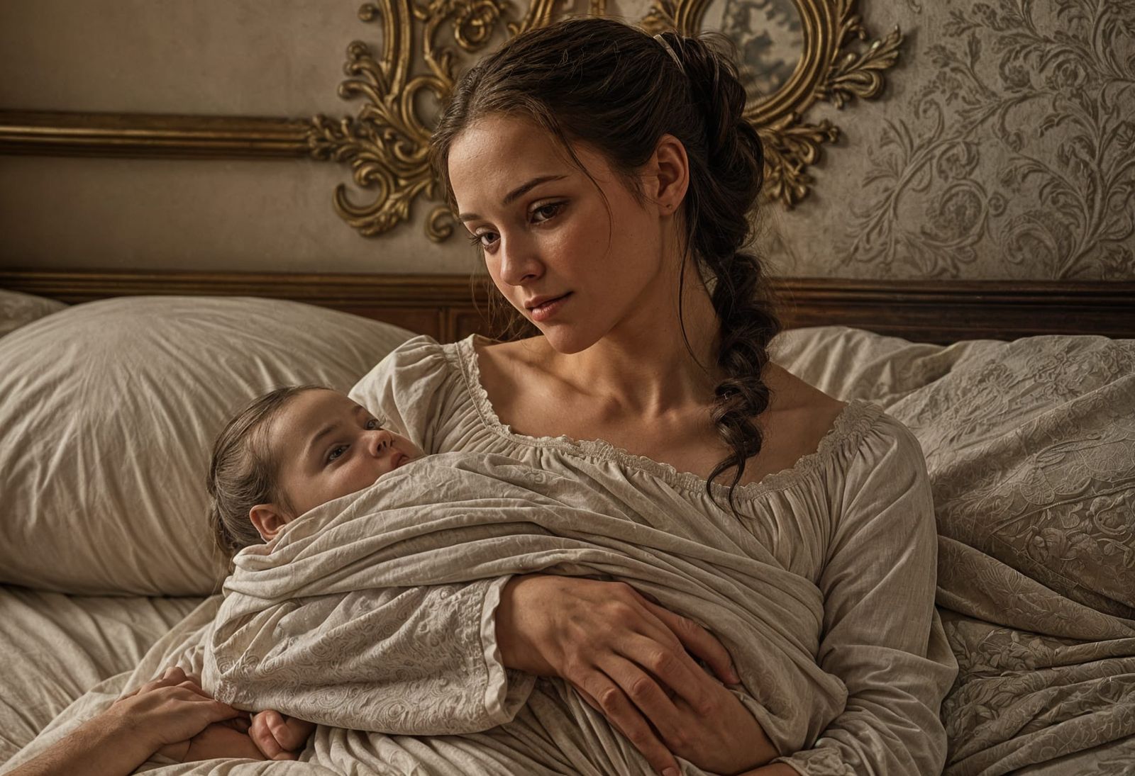 Victorian Woman Holding Baby in Humble Nightgown in Photorea...