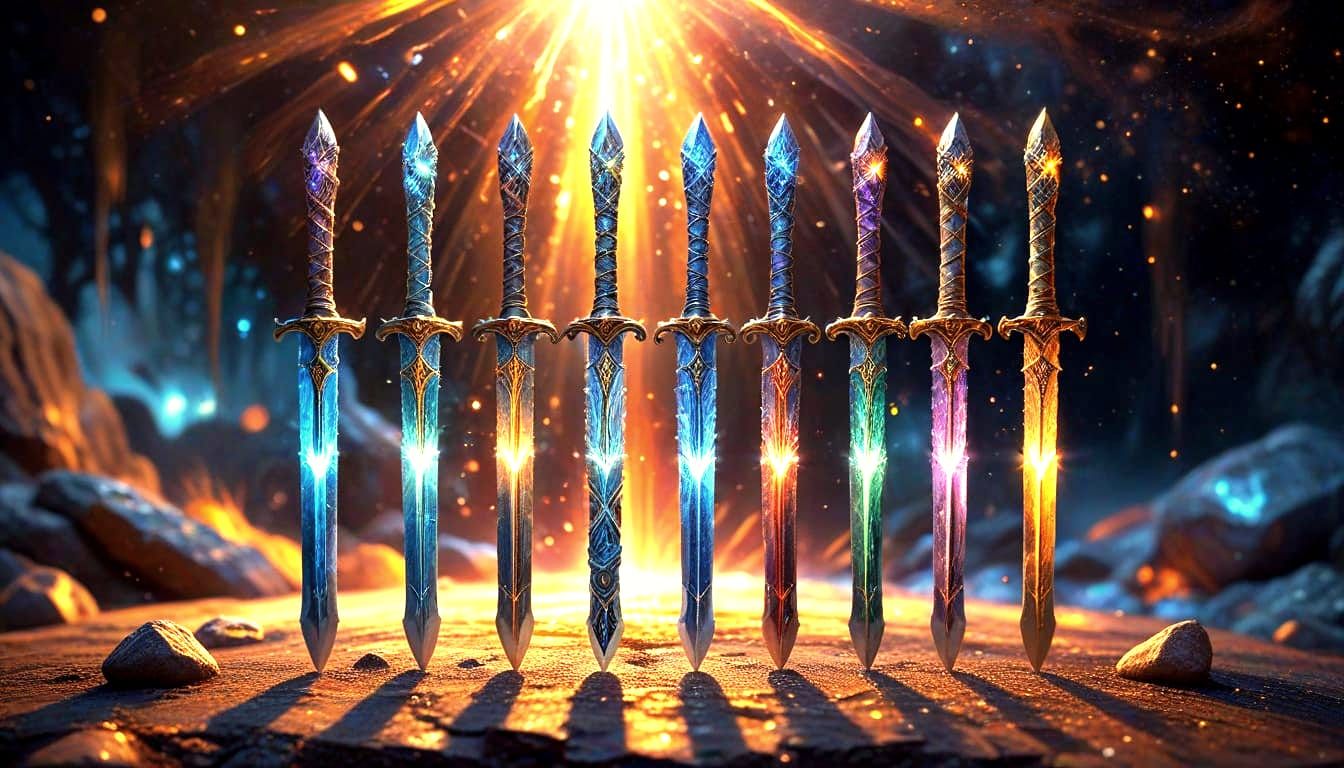 Surreal Triadic Elemental Swords in Cosmic Oil Painting