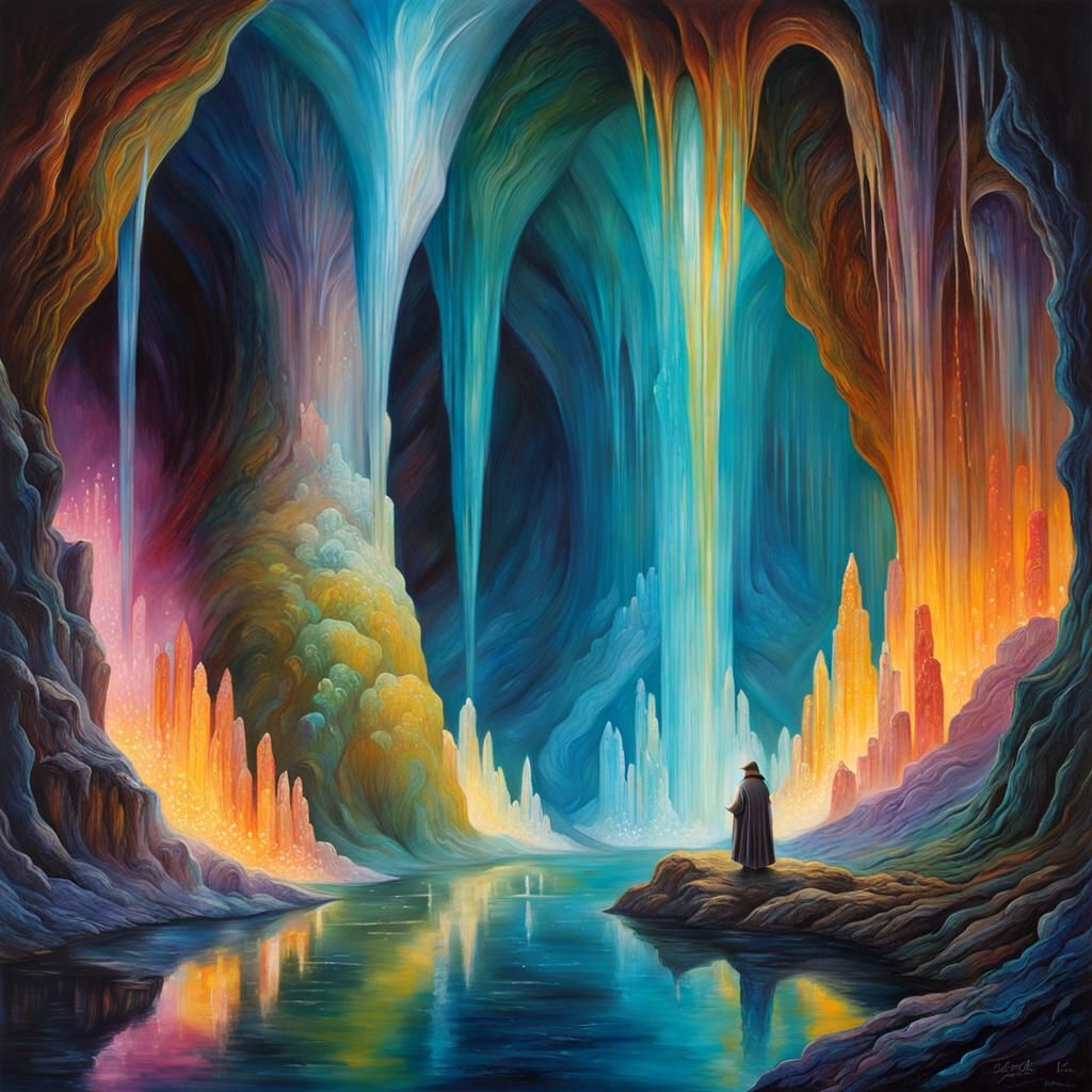 Ursine Alien Exploring Crystalline Cave, Oil on Canvas