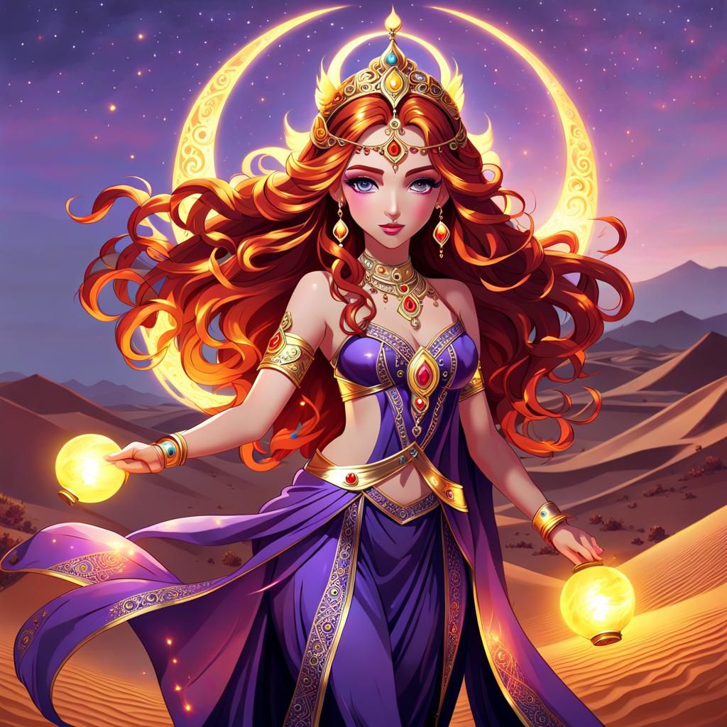 Arabian Efreeti Princess with Fire in Desert Twilight