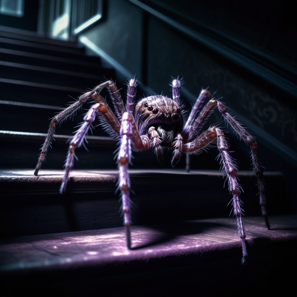 Giant Mutant Spider Descending Gothic Staircase: Photorealis...