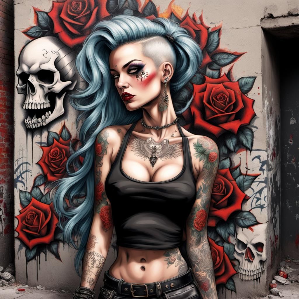 Punk 40s Pin-Up Girl with Tattoos and Roses