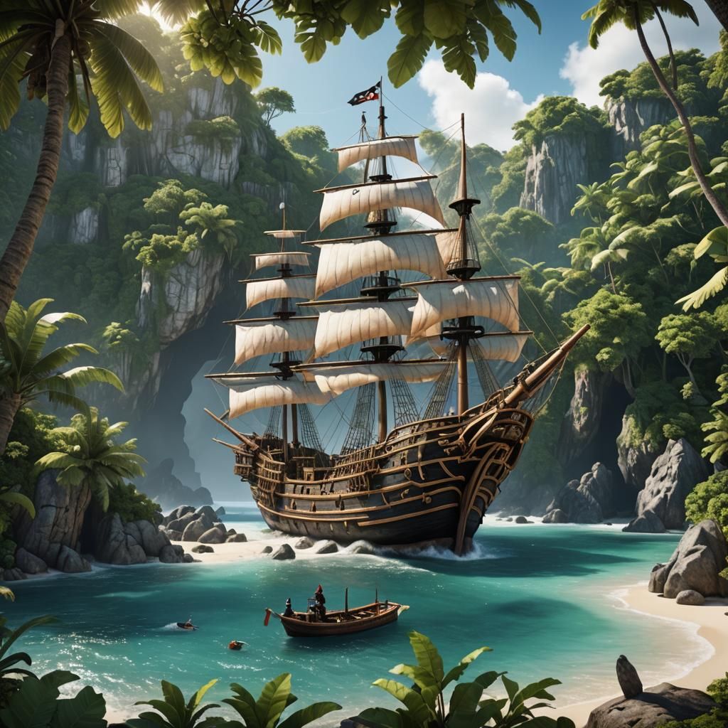 Pirate Ship in Tropical Island Bay: Photorealistic Scene
