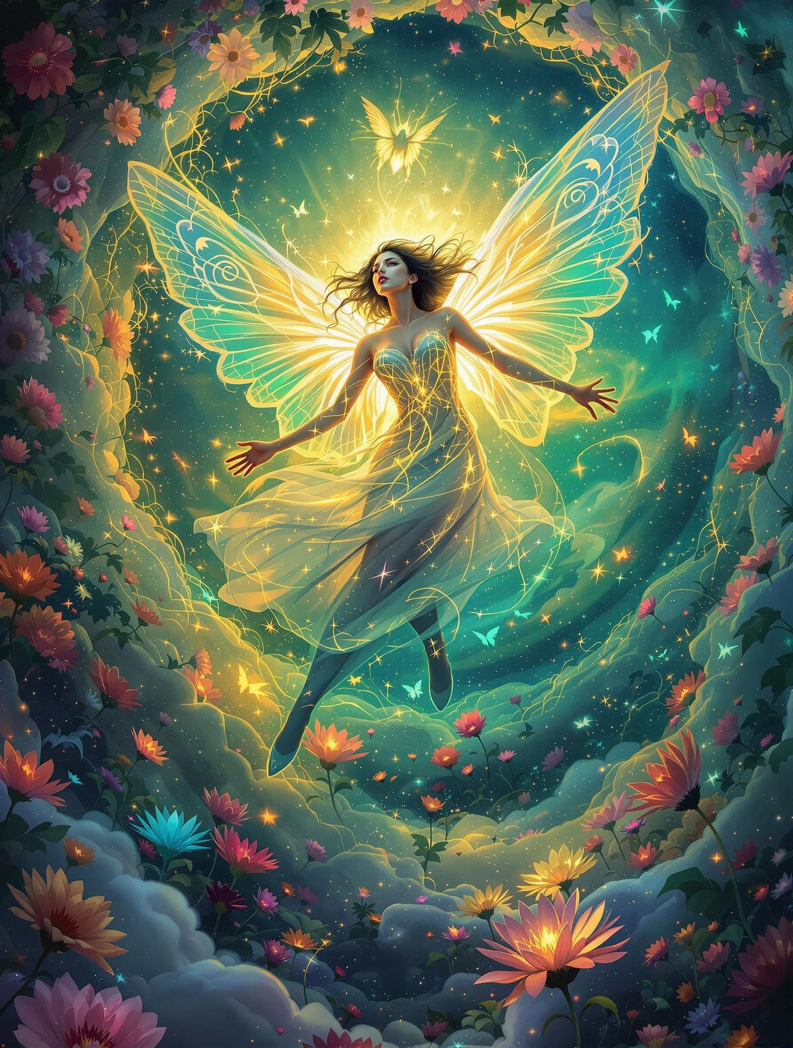 Ethereal Goddess in Flight over Radiant Garden