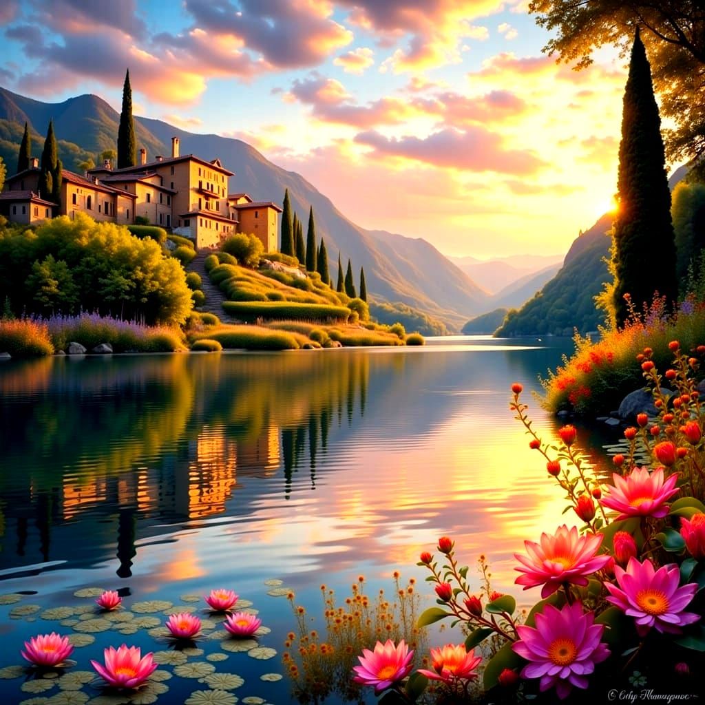Tuscan Sunset over Tranquil Lake with Vineyards and Villa
