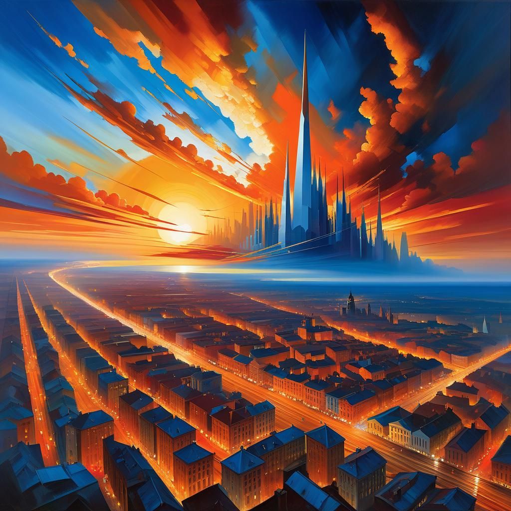 Futuristic City Sunset: A Digital Art Painting