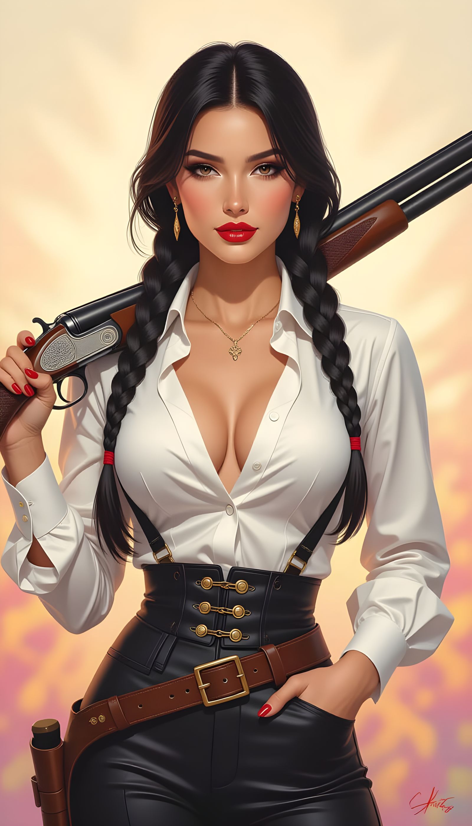 Spanish Lady Portrait with Shotgun in Hyperrealistic Style