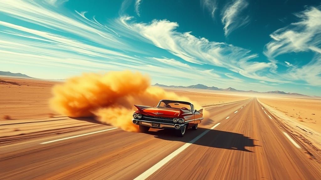 Cyberpunk Desert Highway Panorama with Cherry-Red '59 Cadill...