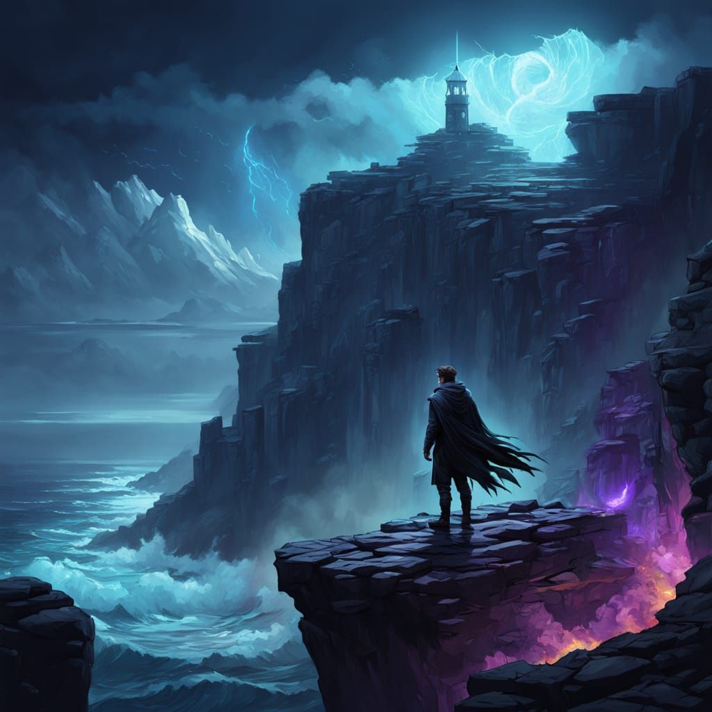 Dark Fantasy Boy on Cliff with Spectral Raven