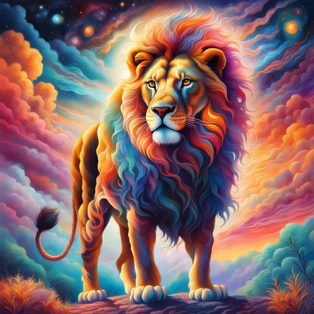 Cosmic Lion in Astral Savannah: Mixed Media Illustration