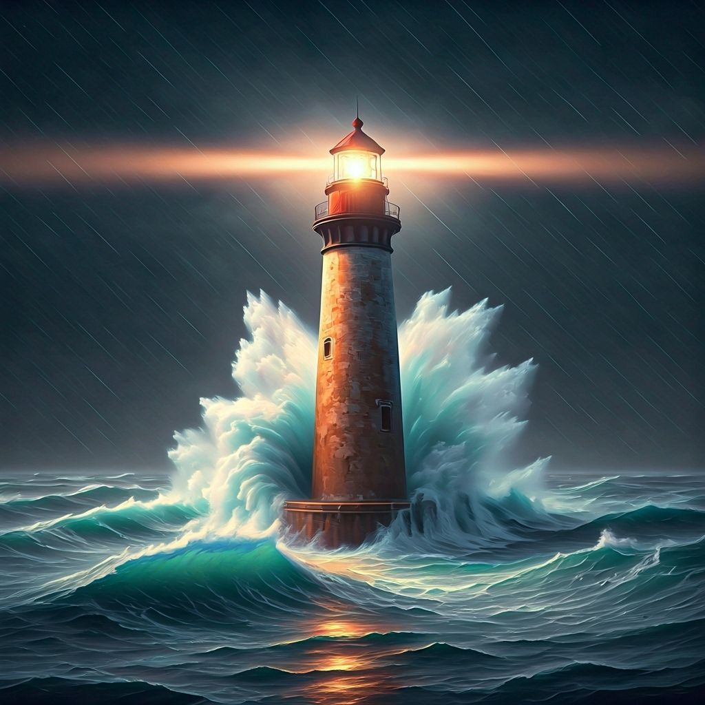 Majestic Lighthouse in Storm, Hyperrealistic Fantasy Art