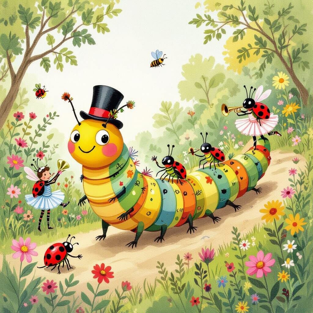 Bug Parade Led by Caterpillar in Whimsical Illustration