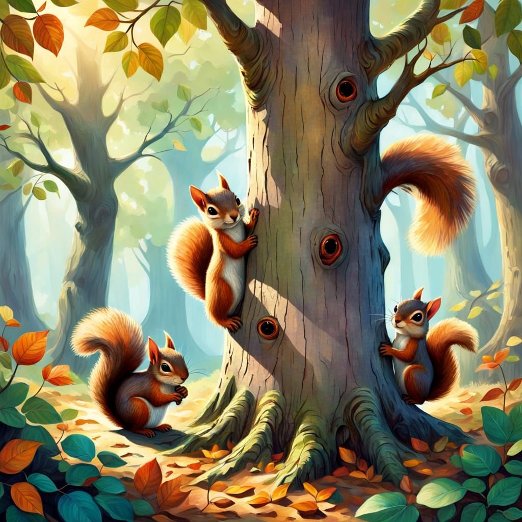 Whimsical Springtime Squirrels in a Tree, Digital Painting