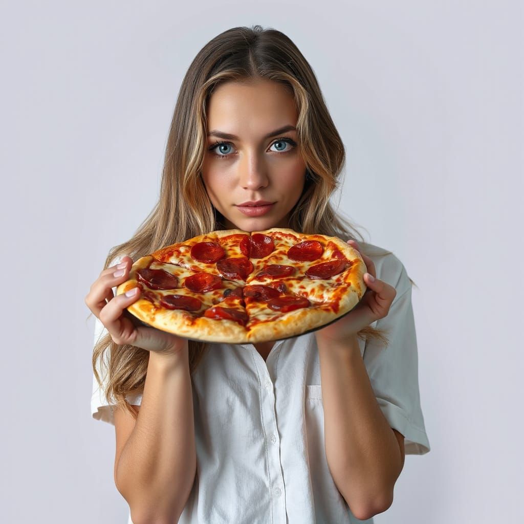 Woman Holds Pizza Slice: Digital Art Portrait