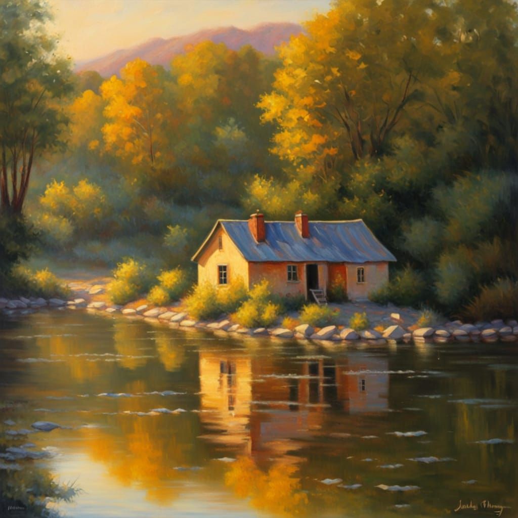 Small House by River in Warm Golden Light