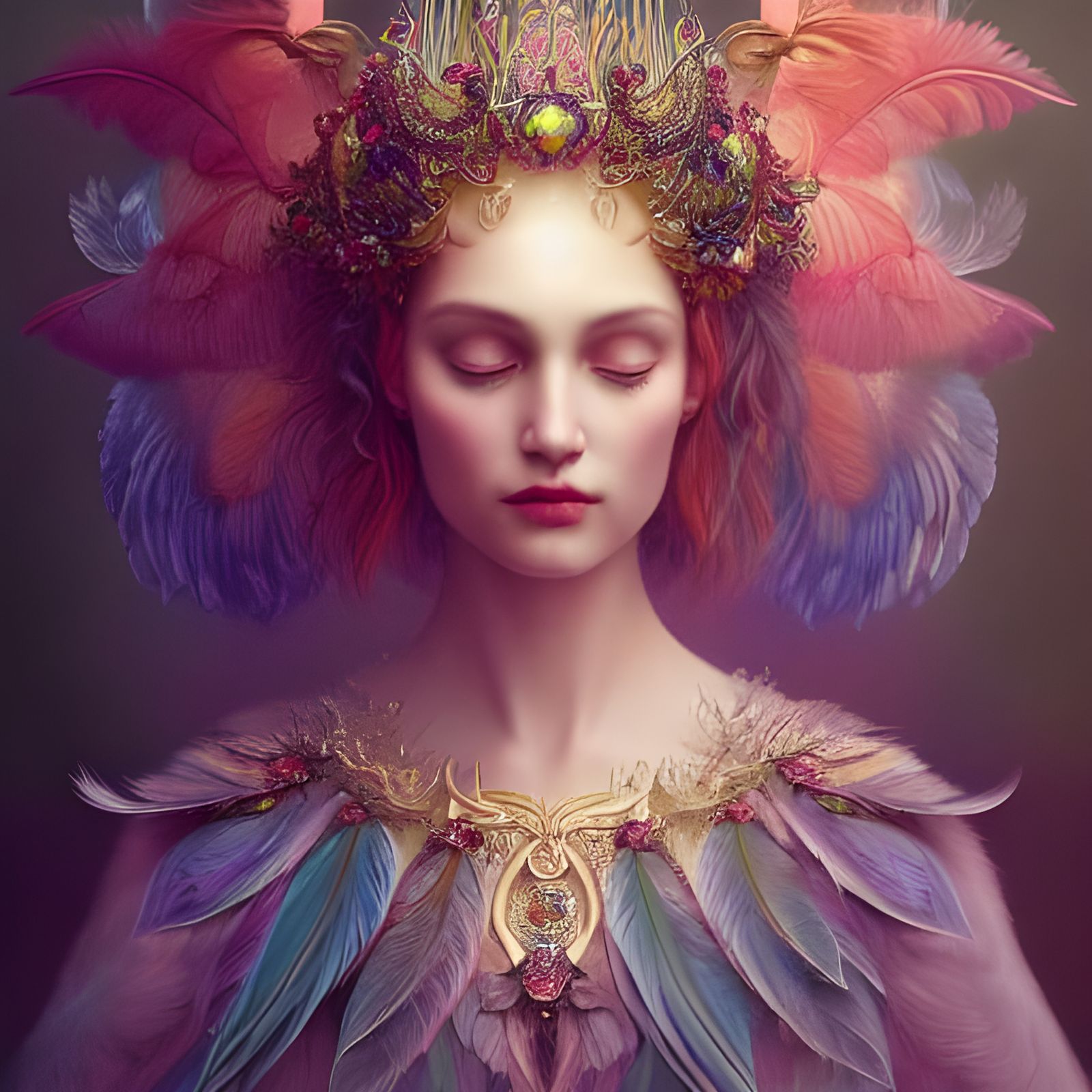 Feathered Woman with Iridescent Crown, Hyperrealism
