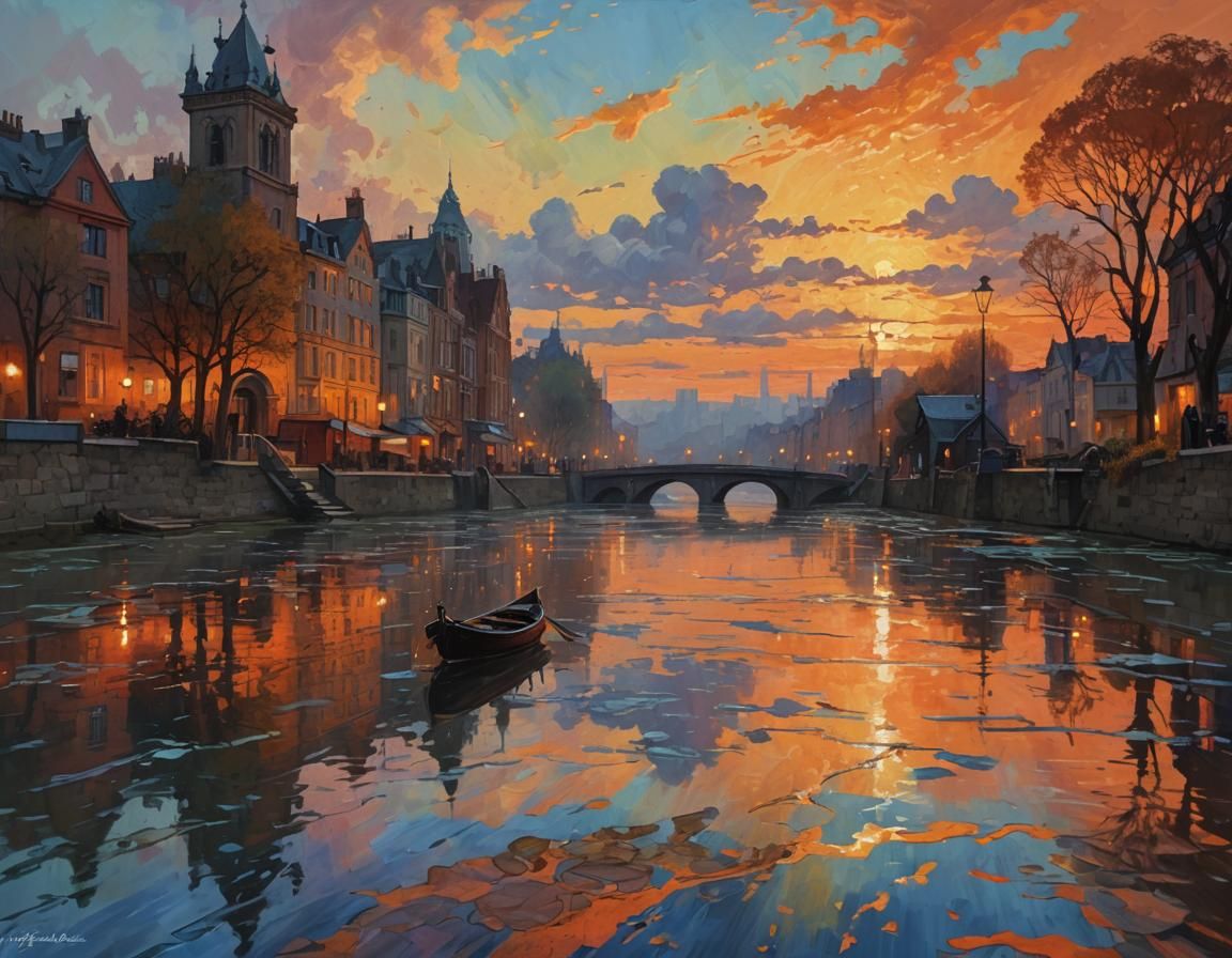 Vibrant Dusk Landscape: An Impasto Acrylic Painting