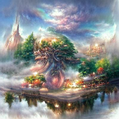 Ethereal Yggdrasil in Mist: Fantasy Art