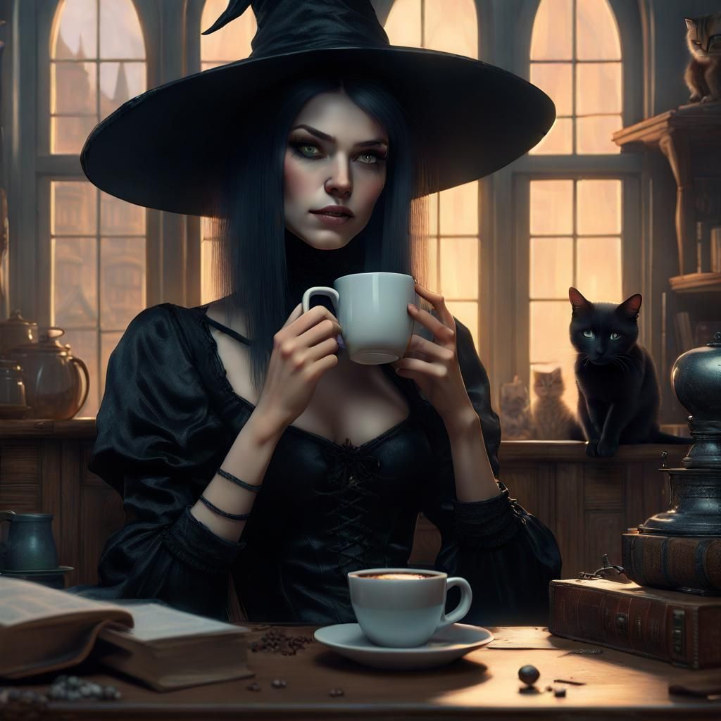 Beautiful Witch Drinking Coffee with Black Cat