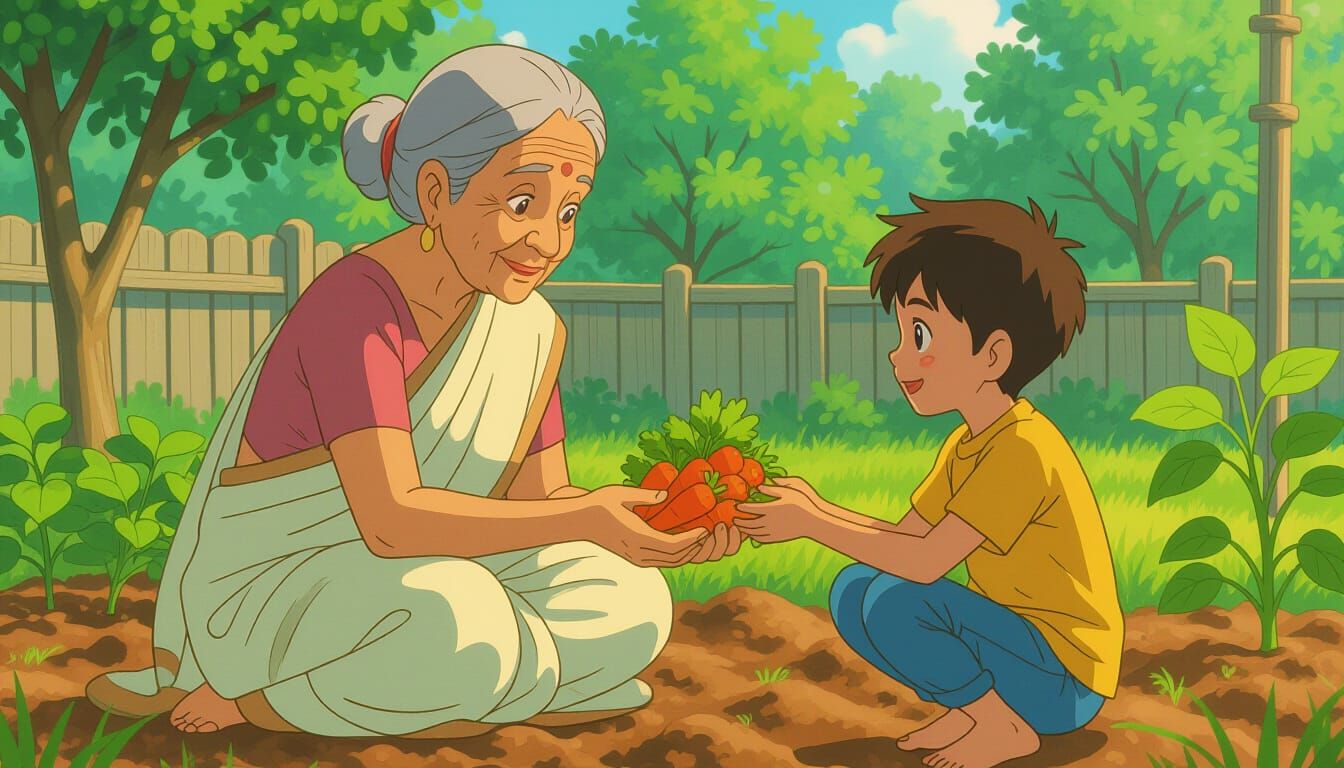 Elderly Indian Granny Shares Garden Harvest With Boy
