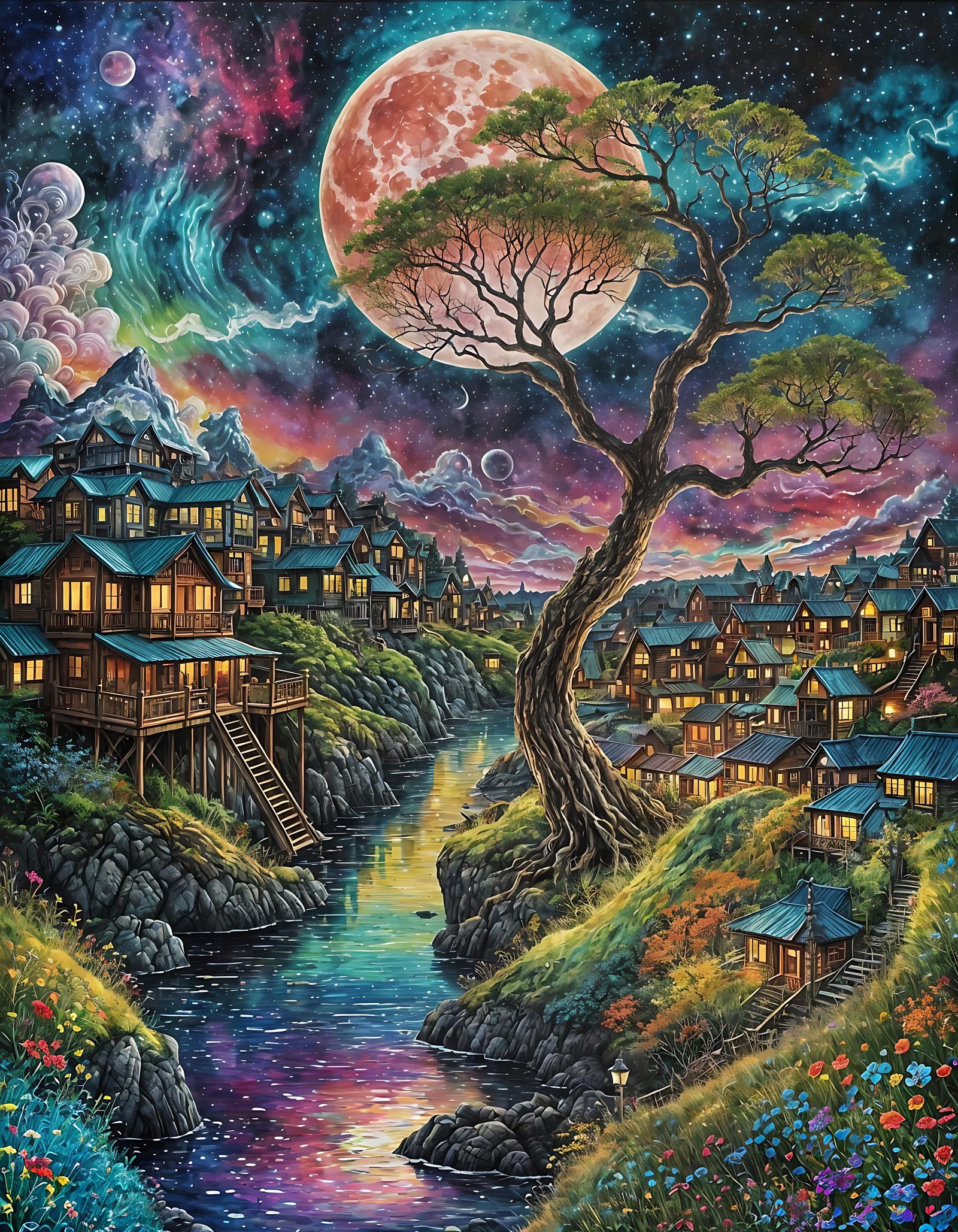 Psychedelic Moon over Bonsai Town