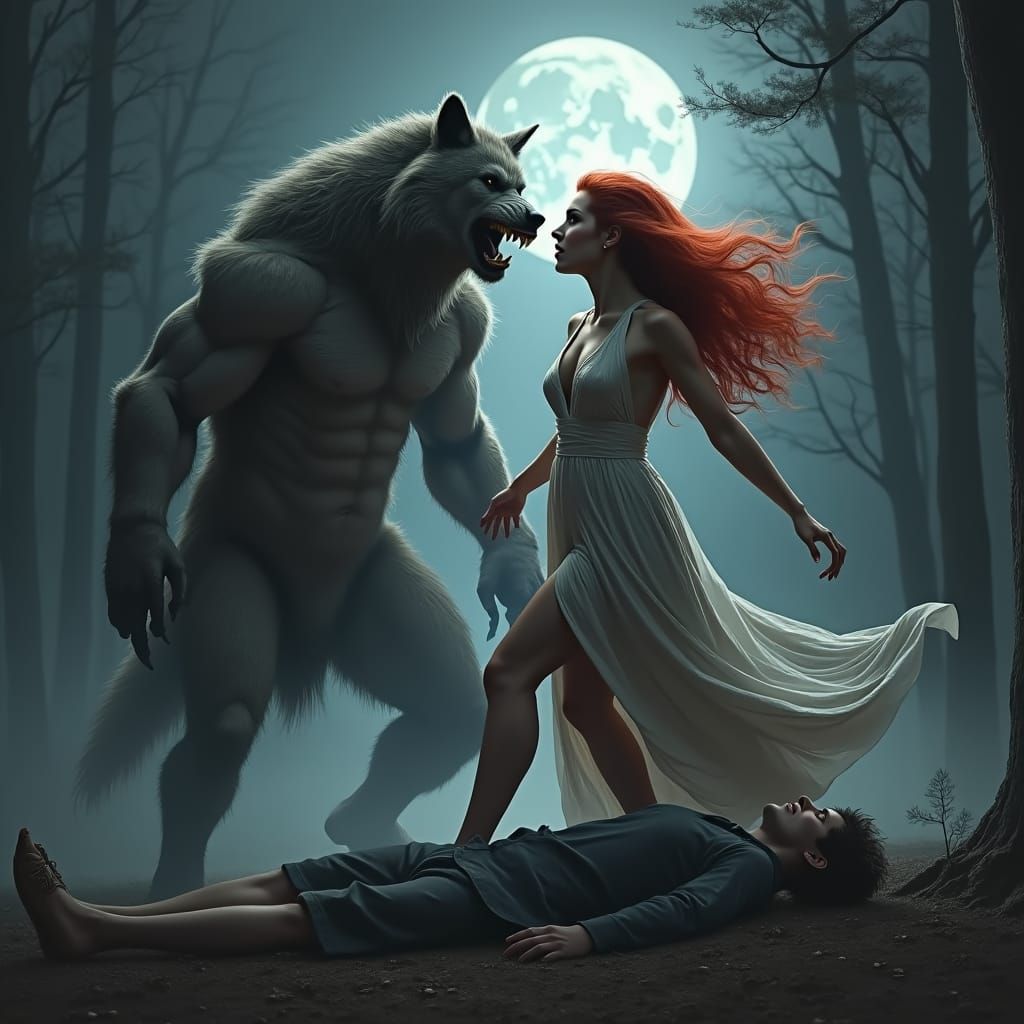 Werewolf Confrontation in Misty Dark Forest