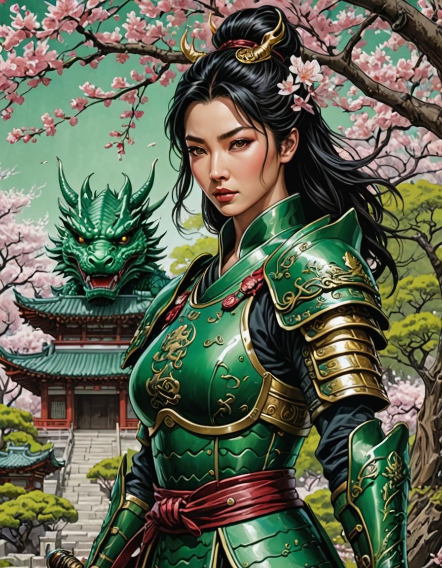 Female Samurai Warrior in Emerald Dragon Armor