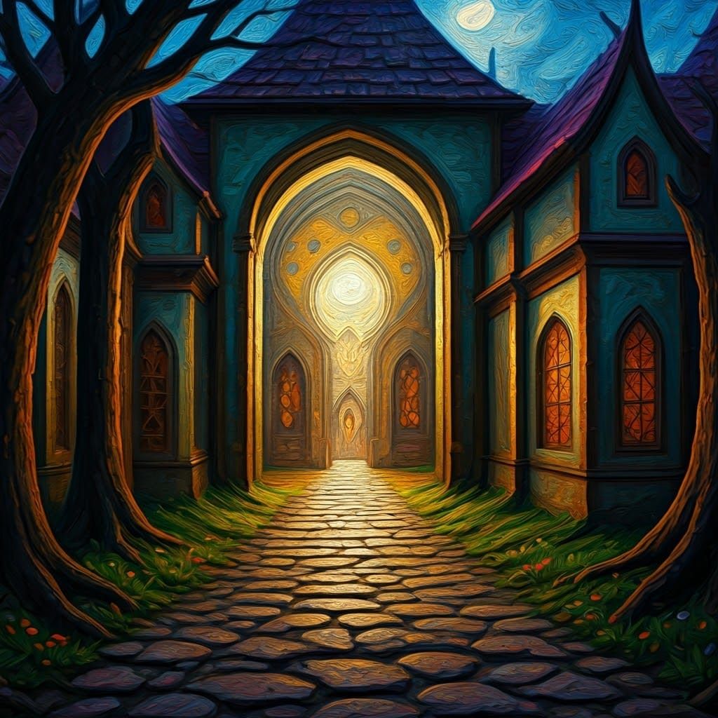 Mystical Medieval Scene as Expressionist Oil Painting