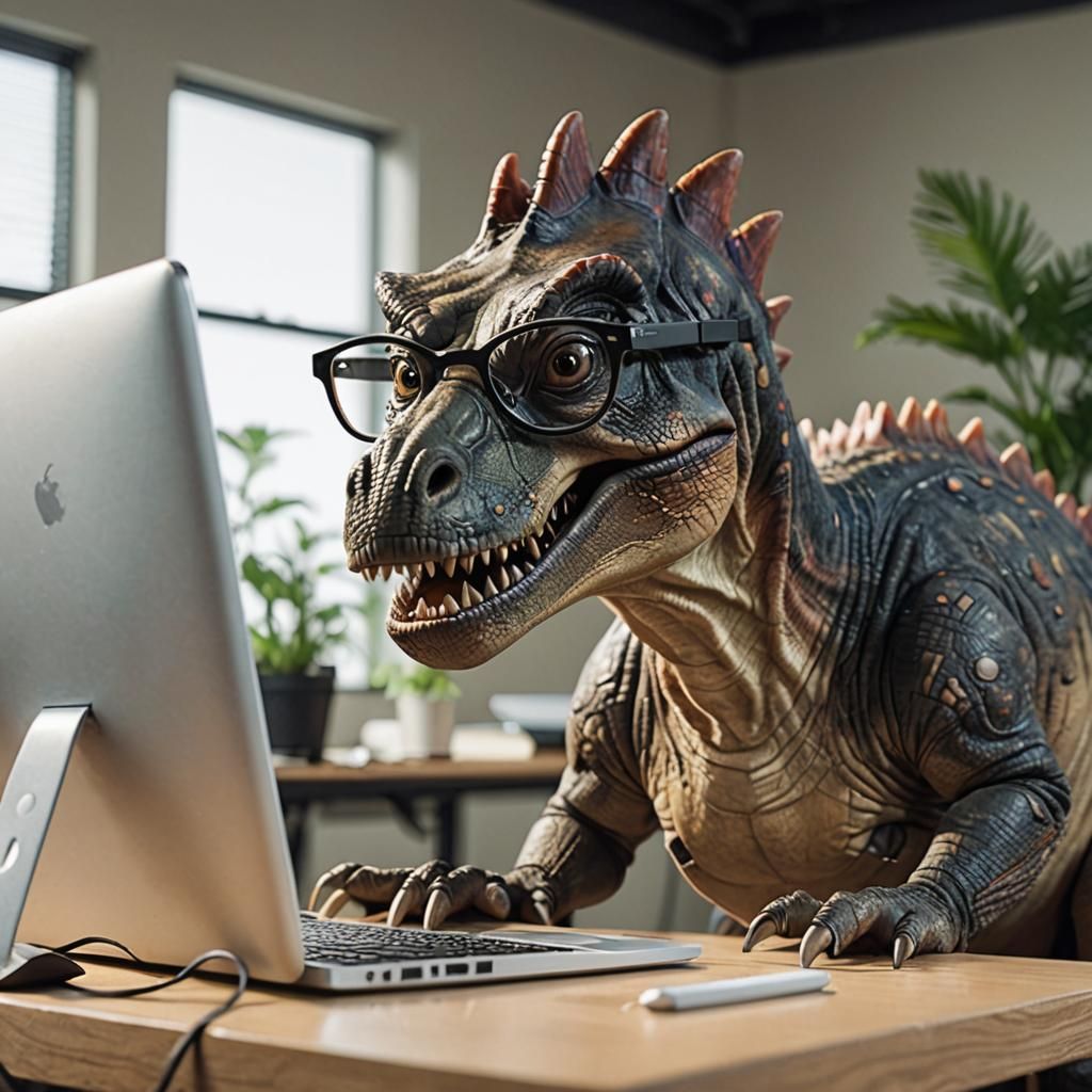 Dinosaur at Computer - AI Generated Image