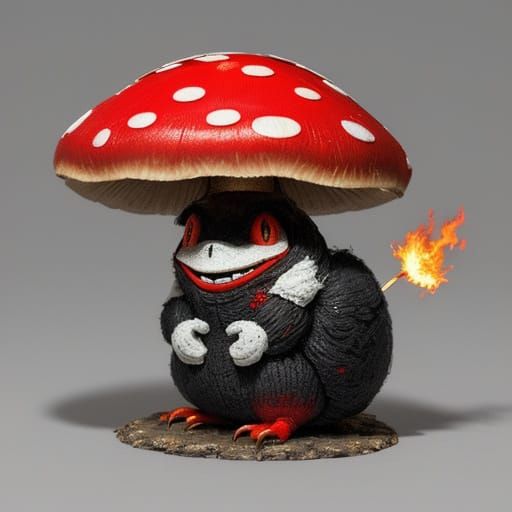 Mischievous Mushroom Creature with Glowing Embers